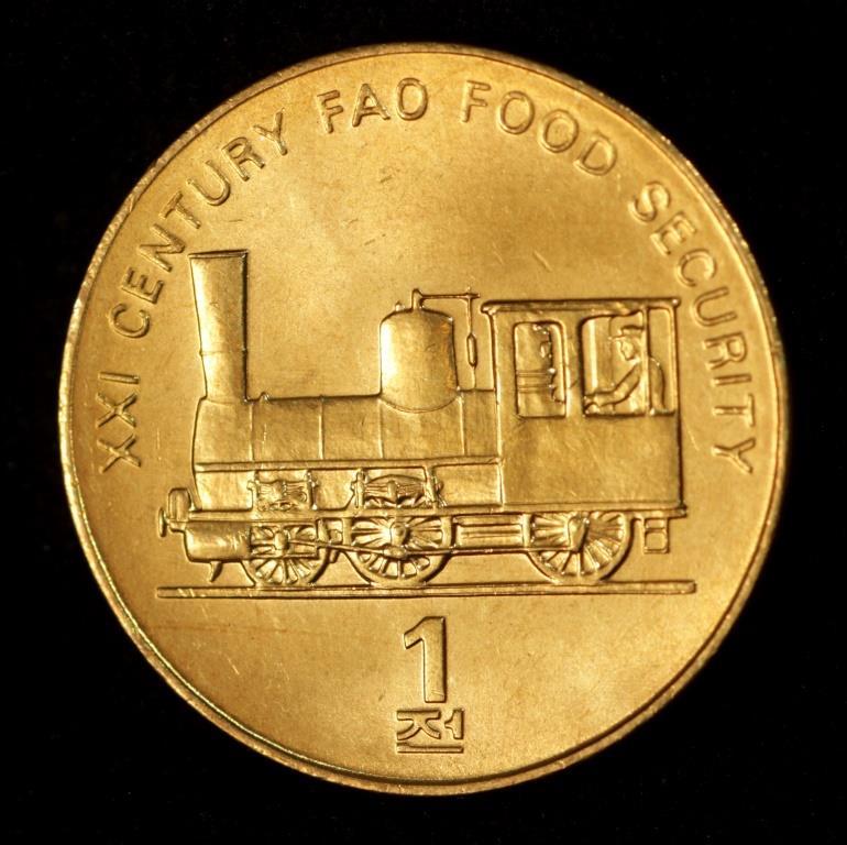 Монета Північної Кореї 1 чон 2002 р. ФАО. Паровоз, фото 1