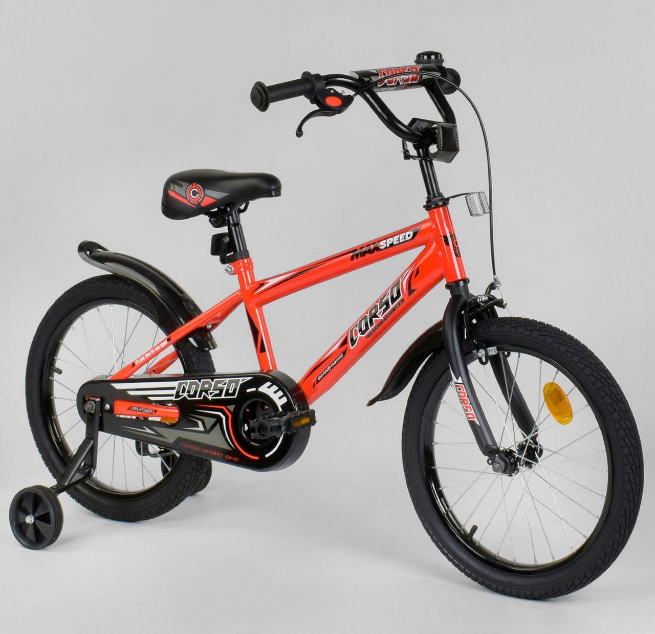 Велосипед 18 дюймів 2-х колісний CORSO помаранчевий, ручного гальма, дзвіночок, доп. колеса, зібраний на 75%