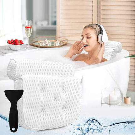Подушка підголовник для ванни на присосках для підтримки голови шиї та спини 36x32x8см у ванну біла, фото 2