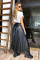 Спідниця жіноча чорна стильна екошкіра, плісе розкльошена, розміри S-M/L — XL