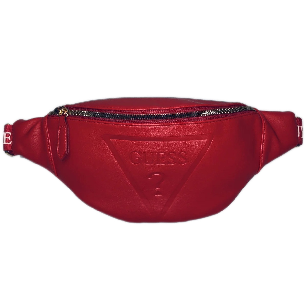 Жіноча бананка GUESS поясна сумка з золотими написами на ремені червона