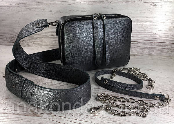 61-2-2р Натуральна шкіра срібло нікель Сумка жіноча через плече Крос-боді шкіряна з двома ременями Сумка шкіряна срібна, фото 1