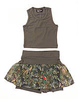 Трикотажный стильный хаки детский костюм- топ + юбка -шорты, размеры 104,116,128,140,152