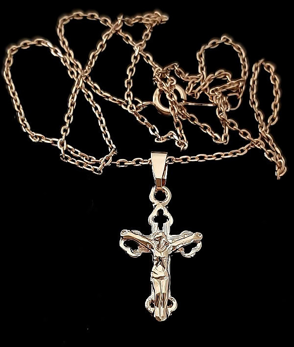 Хрестик на ланцюжку. Булат. Позолота ЧВ. Довжина ланцюжка: 45 см. Довжина хрестика: 2.3 см.