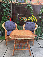 Комплект меблів для саду з дерева і лози 2 крісла Стандарт + стіл Ажур Woody Світле дерево + сіро-синій