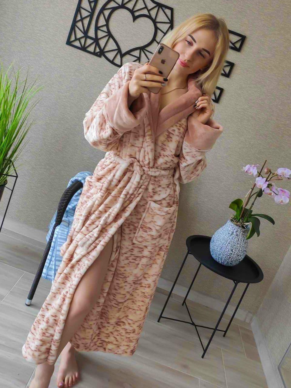 Теплий довгий махровий халат для дому бежевий батал, фото 1