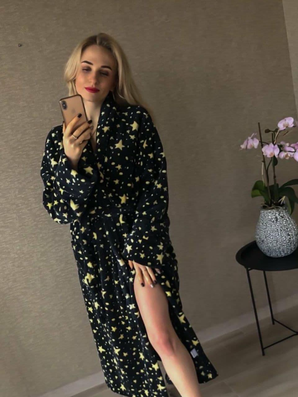 Теплий довгий махровий халат для дому чорний у зірочку батал, фото 1