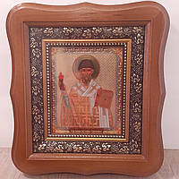 Икона Спиридон Тримифунский, святой епископ, лик 10х12 см, в светлом деревянном киоте