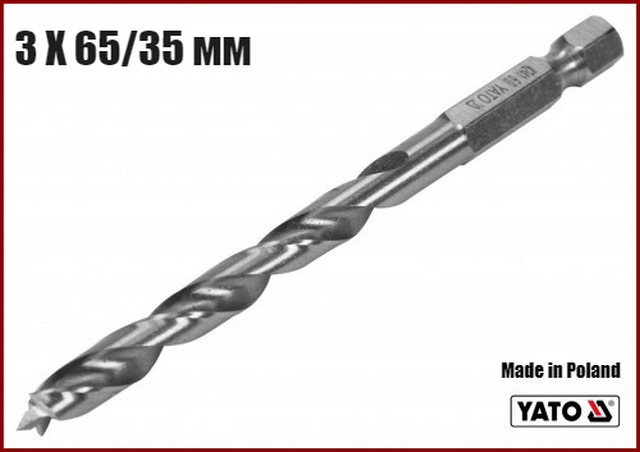 Свердло по дереву спіральне 3 X 65/35 мм HEX 1/4" Yato YT-33860