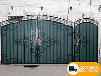 Ворота с коваными элементами и профнастилом, код: Р-0198