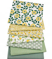Соковитий набір зеленої тканини з квітами та лимонами — 7 відрізів 40*50 см