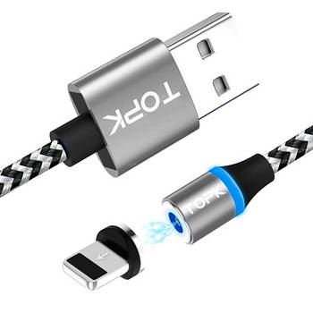 Кабель USB - Lightning 1м магнітний для Apple iPhone, до 2.4А, нейлон, TOPK