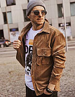 Вельветовая тёплая мужская рубашка пиджак коричневого цвета с нагрудными карманами GRUF