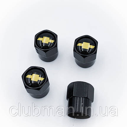 Захисні ковпачки на ніпеля CHEVROLET (Шевроле) 4 шт Жовтий Лого Чорні, фото 1