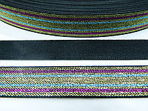 Тасьма еластична (гумка) золото та фіолетово-блакитні смужки з люрексовою ниткою 2,5 см