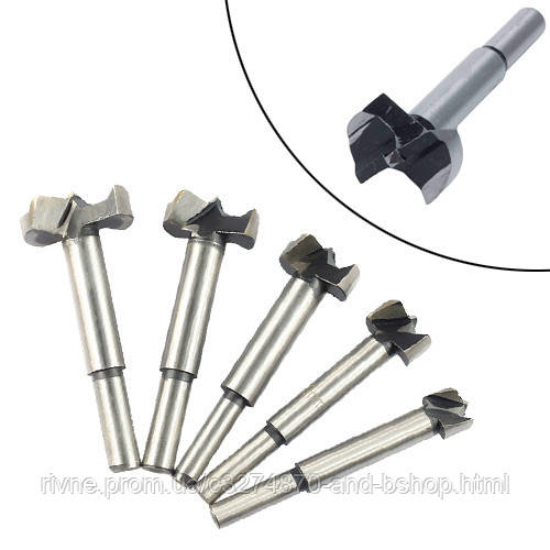 Набір свердл Форстнера 5шт 15-35мм, циліндричні, по дереву, HSS-сталь, фото 1