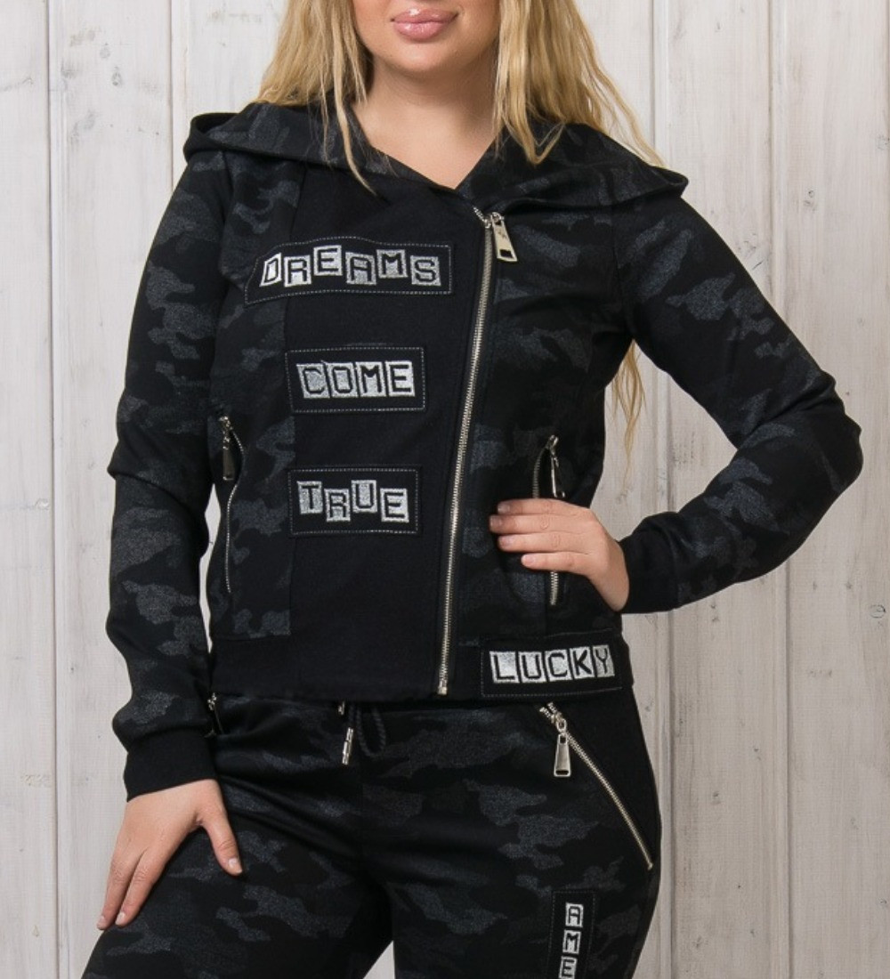 Спортивний костюм жіночий турецький з курткою косухою № 3806 сірий камуфляж