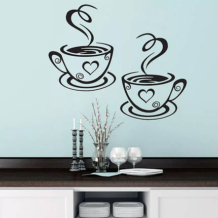 Вінілові наклейки на стіну, стіни вікна, наклейки на кухню "I love coffee" дві чашки (лист 30*21см), фото 2