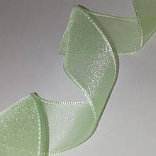 Стрічки щільна органза з прострочкою по краю Колір світло-салатовий 35 мм 50 ярдів