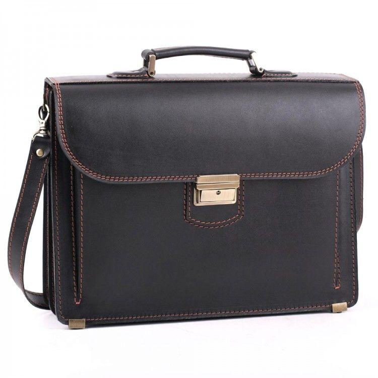 Діловий чоловічий шкіряний портфель ручної роботи з плечовим ременем чорний з коричневою ниткою, фото 1