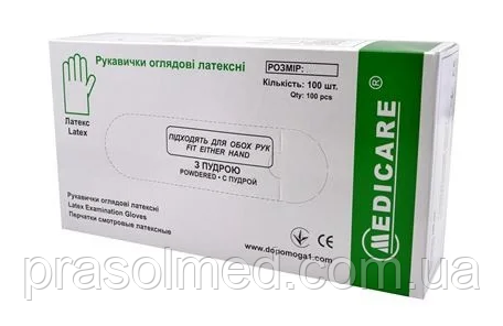 Рукавички латексні нестерильні  припудрені "Меdiсare" розмір M (8-9)  100шт/уп (50 пар), фото 1