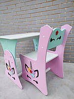 Детский растущий столик и стульчик Единорожки Малиновый + мятный МДФ 10 мм