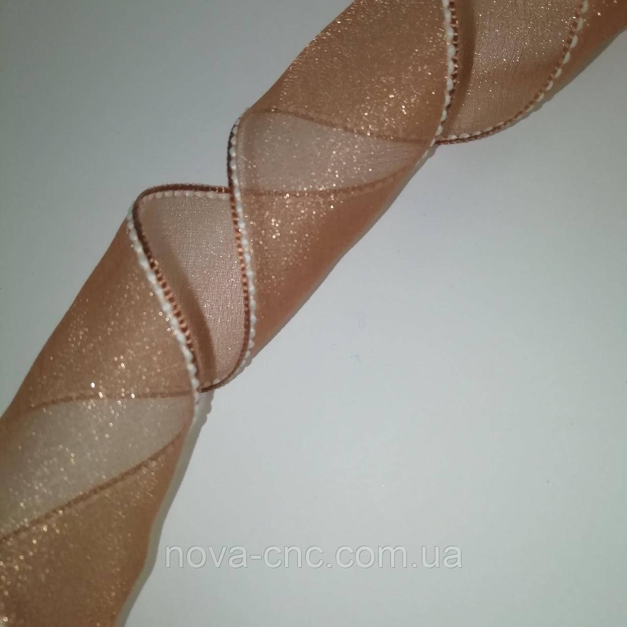 Стрічки щільна органза з прострочкою по краю Колір коричневий 40 мм 50 ярдів