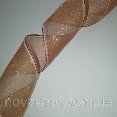 Стрічки щільна органза з прострочкою по краю Колір коричневий 40 мм 50 ярдів, фото 1