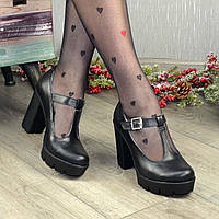 Туфли женские кожаные на высоком каблуке. Цвет черный
