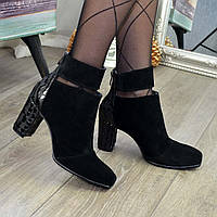 Ботинки черные женские с квадратным носком. Натуральная замша и кожа с тиснением рептилия