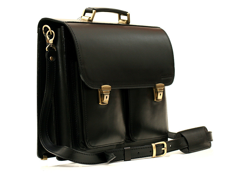 Діловий зручний чоловічий шкіряний портфель ручної роботи з плечовим ременем. Колір чорний, фото 1