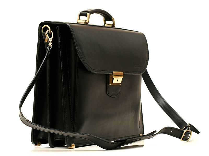 Діловий практичний чоловічий шкіряний портфель ручної роботи з плечовим ременем. Колір чорний, фото 1