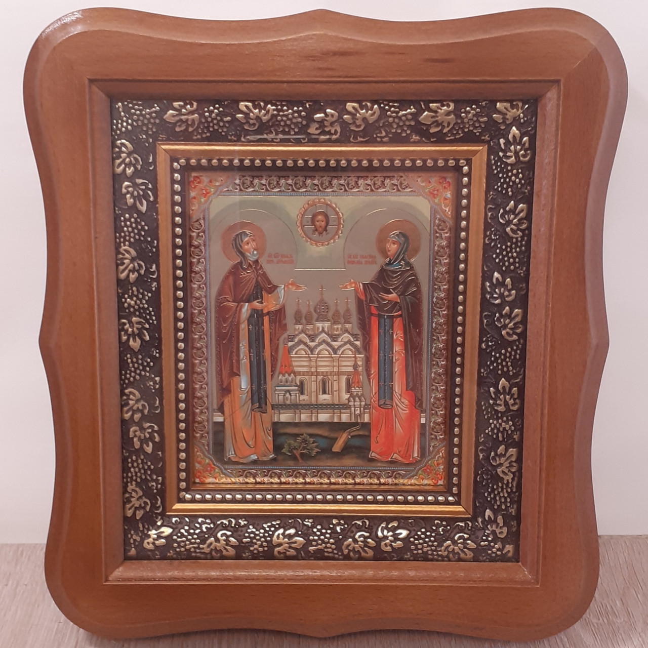 Ікона Петра і Февронії святих шляхетних, лік 15х18 см, у світлому дерев'яному кіоті