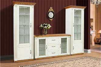 Комплект у вітальню Фрідом з комодом дуб (слонова кістка+горіх патина золото+вітраж)