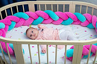 Защитный бортик в кроватку "Косичка" 240 см (розовый_мятный) хлопковый велюр