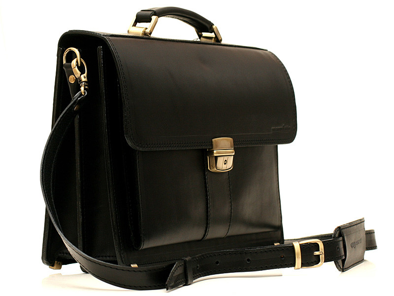 Діловий чоловічий шкіряний портфель ручної роботи з плечовим ременем. Колір чорний, фото 1