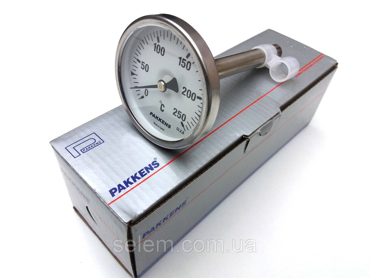 Термометр трубчастий біметалевий PAKKENS 250 °C. Ø63 мм. гільза — 100 мм. різь 1/2.