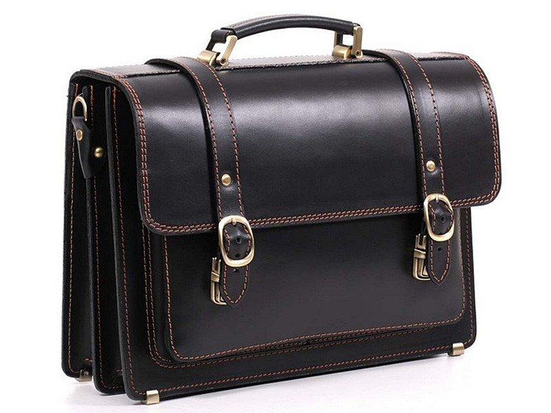 Діловий класичний чоловічий шкіряний портфель ручної роботи з плечовим ременем чорний з коричневою ниткою, фото 1