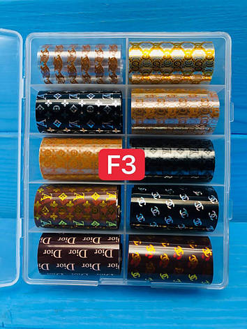 Набір перебивної фольги в боксі для дизайну на нігтях, 10 шт./пач.. Бренди F3, фото 2