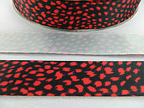 Репсова стрічка 2,5 см чорного кольору принт "Червоний леопард"
