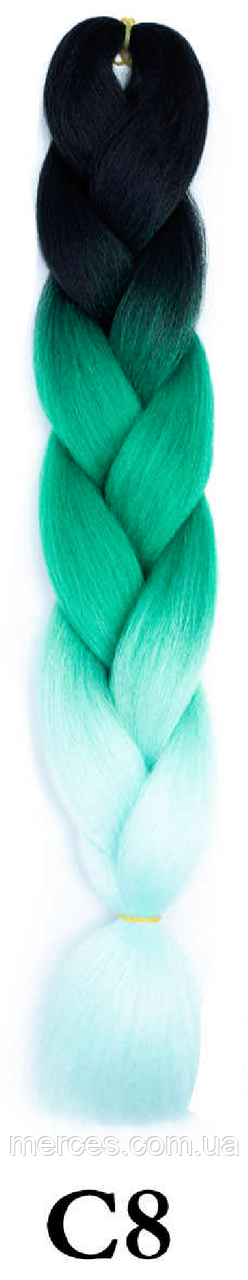 Канекалон чорний + зелений + бирюзовый светлый 60 ± 5 см Вага 100 ± 5г Термостійкий триколірний Jumbo Braid С8, фото 1