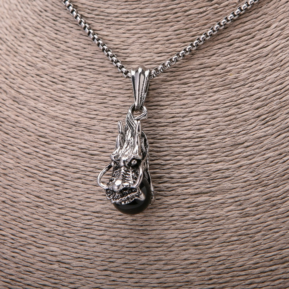 Кулон Голова Дракона і Чорний Куля 22х51мм на ланцюжку L-65см колір металу срібло купити біжутерію дешево