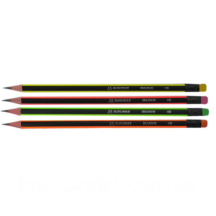 Олівець графітовий NEON LINE, НВ, з гумкою, асорті, з неоновою смужкою, карт. коробка 12 шт.
