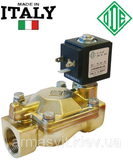 Електромагнітний клапан 3/4', НЗ, 21W3КЕ190 ODE Італія, нормально закритий електроклапан для пари до 140 °C.