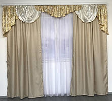 Комплект атласних штор із ламбрекеном Штори атлас ламбрекен жакардовий Цвіт Бежевий