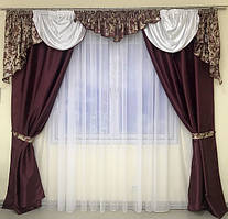 Комплект атласних штор із ламбрекеном Штори атлас ламбрекен жакардовий Цвіт Бордовий