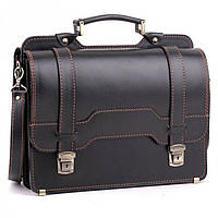 Деловой элегантный мужской кожаный портфель ручной работы с плечевым ремнем. Цвет черный с коричневой нитью
