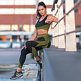 Спортивний жіночий костюм для фітнесу. Фітнес-костюм-трійка — лосини, топ, рашгард, розмір S (хакі), фото 4