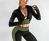 Спортивний жіночий костюм для фітнесу. Фітнес-костюм-трійка — лосини, топ, рашгард, розмір S (хакі), фото 8