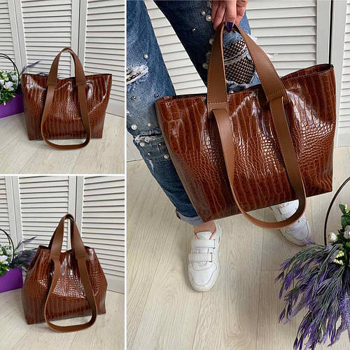 Купить Большая женская коричневая сумка под рептилию формат А4 экокожа ...